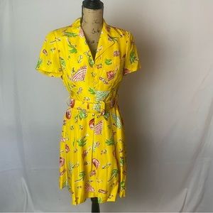 Dana Buchman Vintage 90’s Yellow Red Silk Beach Theme Midi Dress Sz 4 Belt
